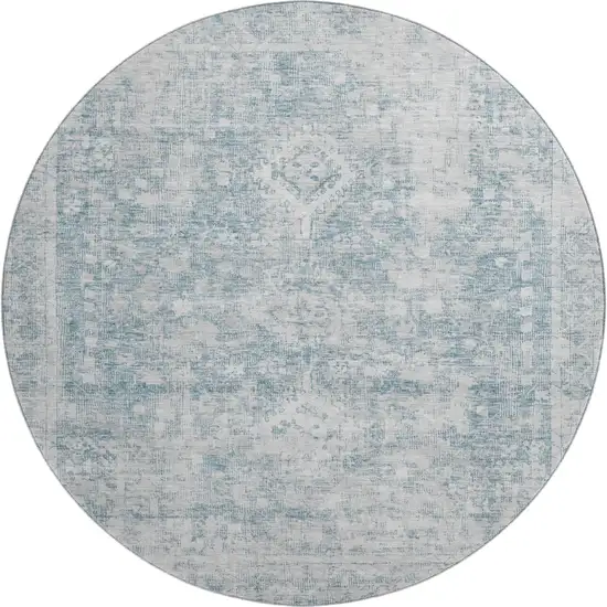 8' X 8' Sky Blue And Silver Oriental Washable Round Rug With UV Protection Photo 1