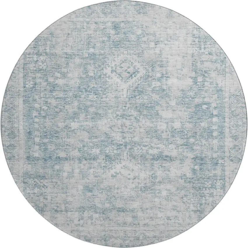 8' X 8' Sky Blue And Silver Oriental Washable Round Rug With UV Protection Photo 1