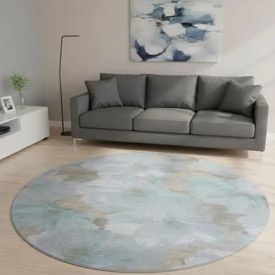 8' X 8' Sky Blue And Taupe Floral Washable Round Rug With UV Protection Photo 2
