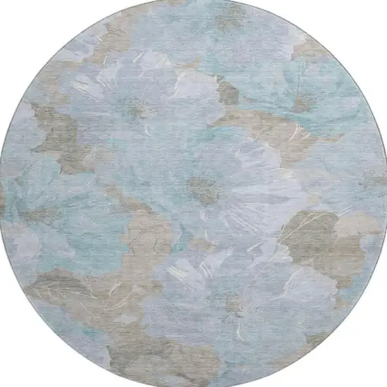 8' X 8' Sky Blue And Taupe Floral Washable Round Rug With UV Protection Photo 3