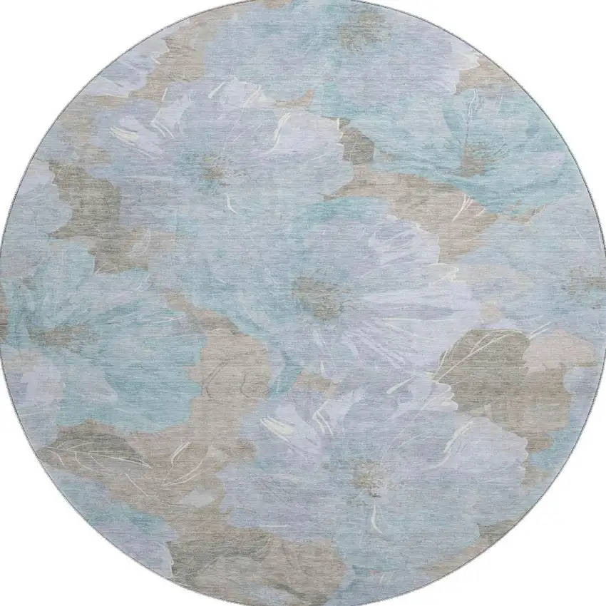 8' X 8' Sky Blue And Taupe Floral Washable Round Rug With UV Protection Photo 3