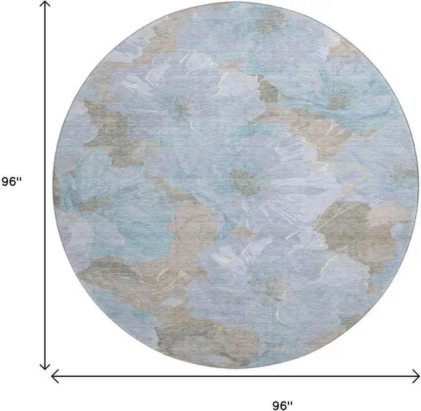 8' X 8' Sky Blue And Taupe Floral Washable Round Rug With UV Protection Photo 9