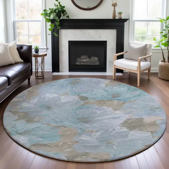 8' X 8' Sky Blue And Taupe Floral Washable Round Rug With UV Protection Photo 4