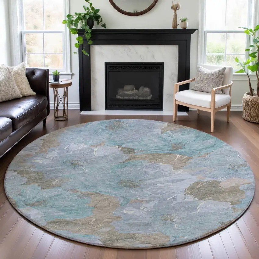 8' X 8' Sky Blue And Taupe Floral Washable Round Rug With UV Protection Photo 4