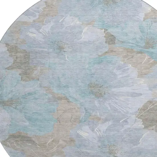 8' X 8' Sky Blue And Taupe Floral Washable Round Rug With UV Protection Photo 2