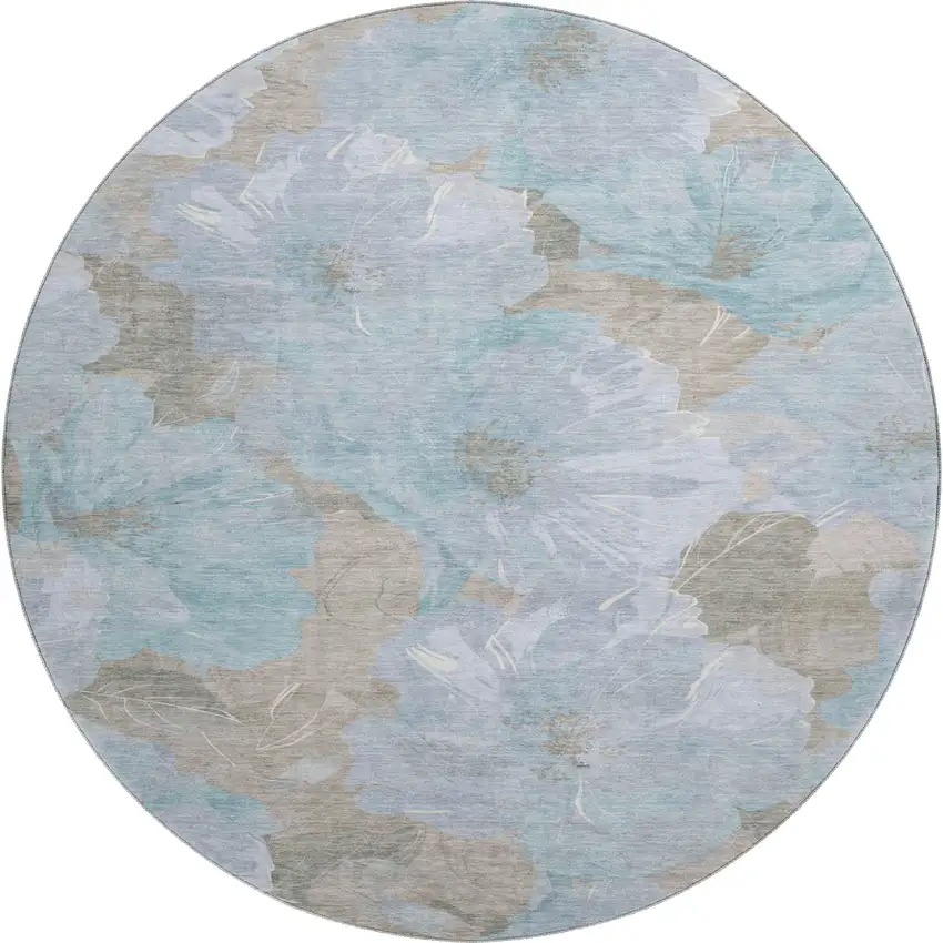 8' X 8' Sky Blue And Taupe Floral Washable Round Rug With UV Protection Photo 1