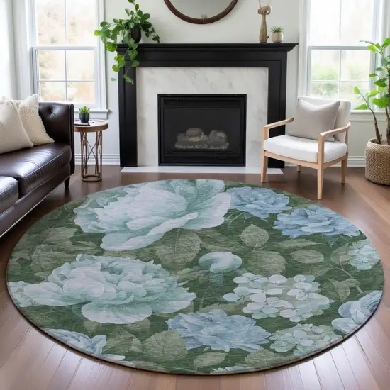 8' X 8' Sky Blue And Taupe Floral Washable Round Rug With UV Protection Photo 4