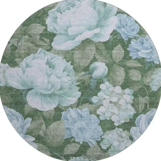 8' X 8' Sky Blue And Taupe Floral Washable Round Rug With UV Protection Photo 2