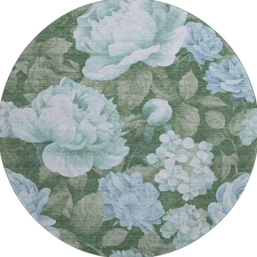 8' X 8' Sky Blue And Taupe Floral Washable Round Rug With UV Protection Photo 2