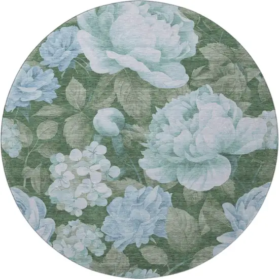8' X 8' Sky Blue And Taupe Floral Washable Round Rug With UV Protection Photo 3
