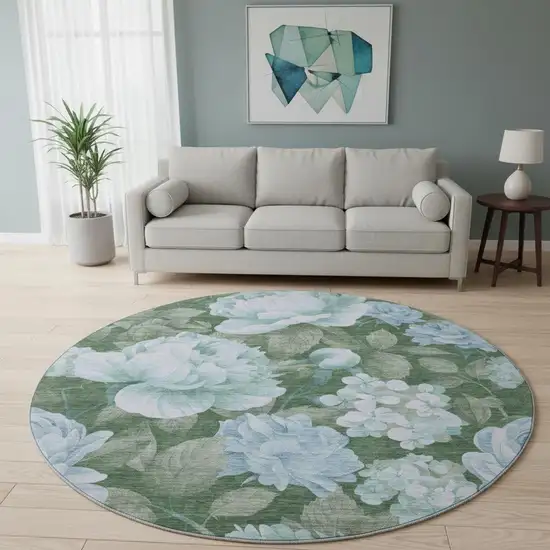 8' X 8' Sky Blue And Taupe Floral Washable Round Rug With UV Protection Photo 2