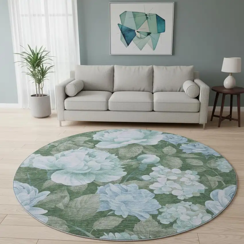 8' X 8' Sky Blue And Taupe Floral Washable Round Rug With UV Protection Photo 2