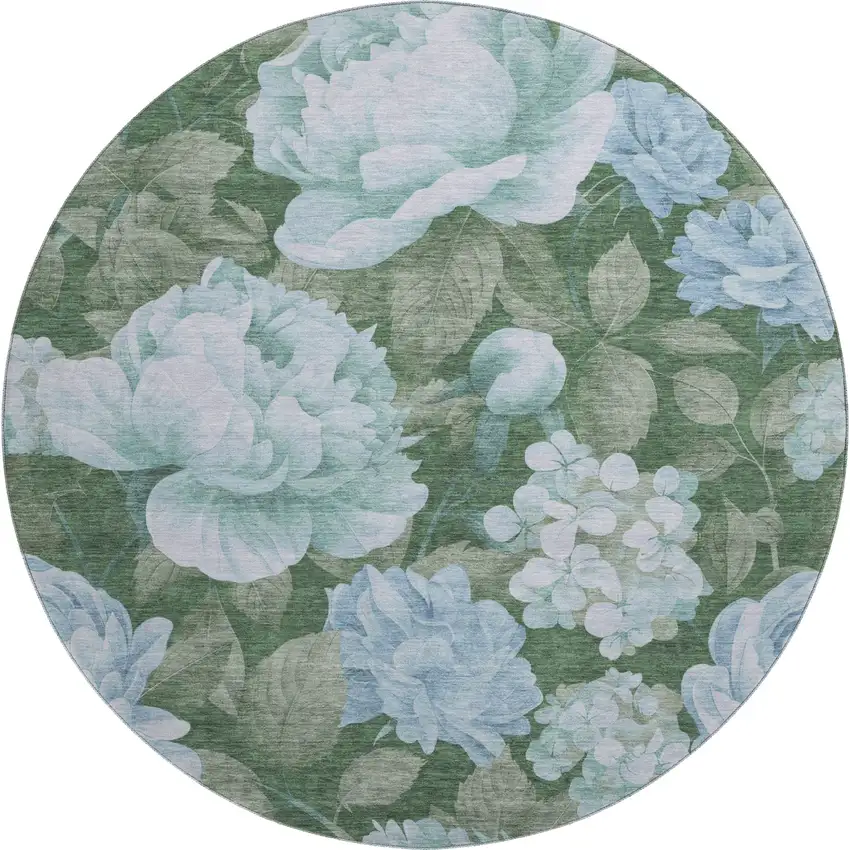 8' X 8' Sky Blue And Taupe Floral Washable Round Rug With UV Protection Photo 1