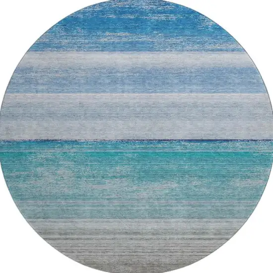 8' X 8' Sky Blue Beige And Ivory Striped Washable Round Rug With UV Protection Photo 3