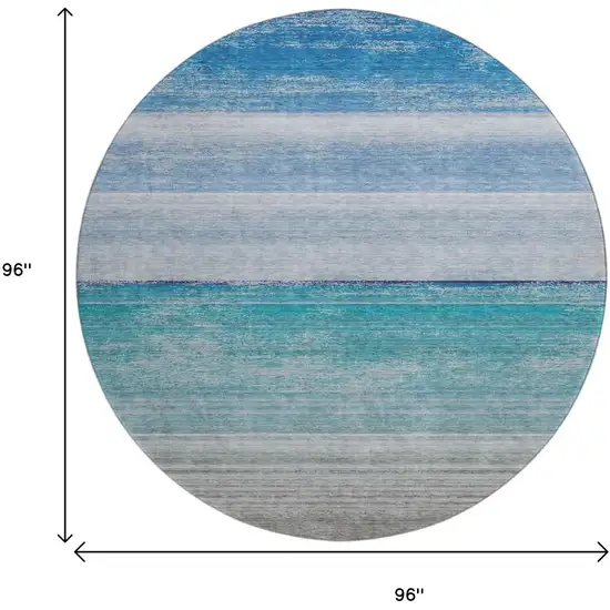 8' X 8' Sky Blue Beige And Ivory Striped Washable Round Rug With UV Protection Photo 9