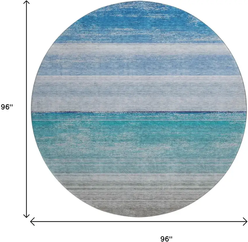 8' X 8' Sky Blue Beige And Ivory Striped Washable Round Rug With UV Protection Photo 9