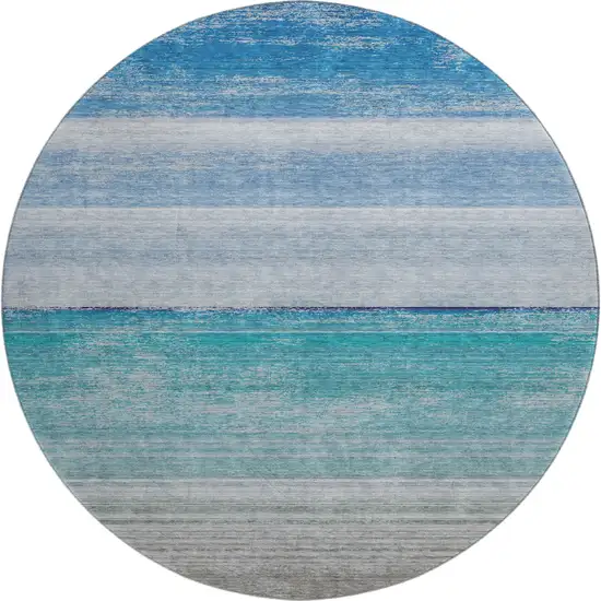 8' X 8' Sky Blue Beige And Ivory Striped Washable Round Rug With UV Protection Photo 1