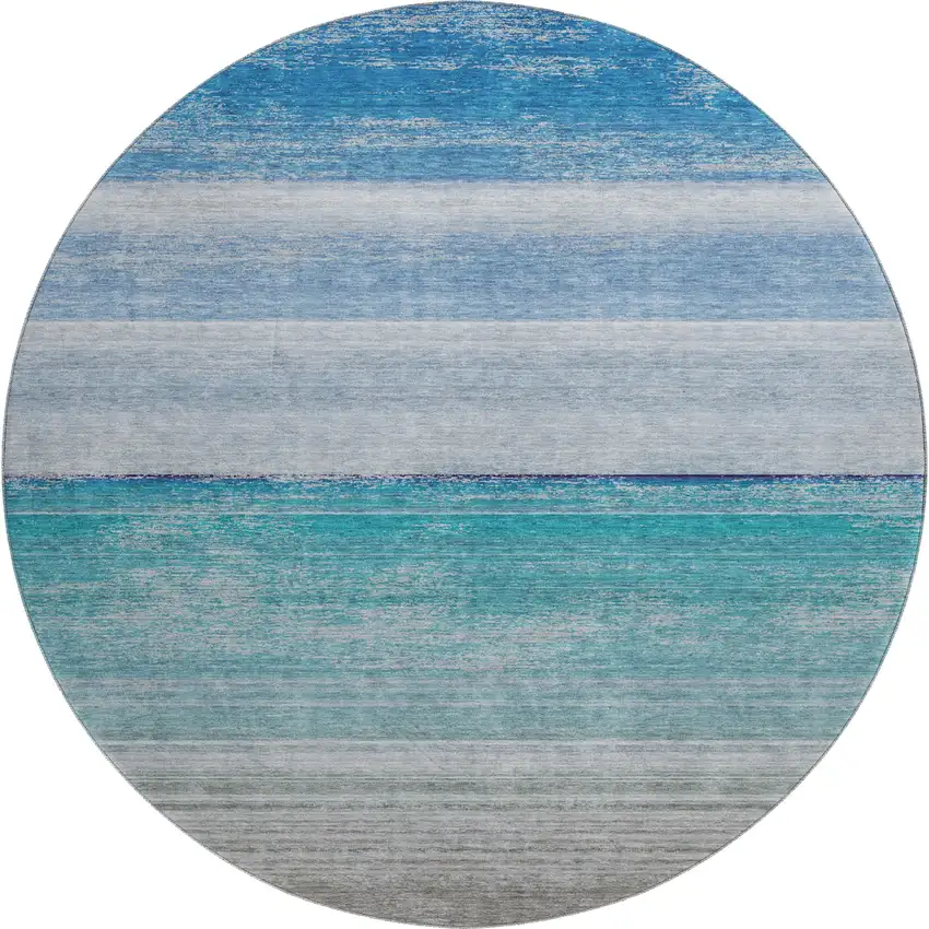 8' X 8' Sky Blue Beige And Ivory Striped Washable Round Rug With UV Protection Photo 1