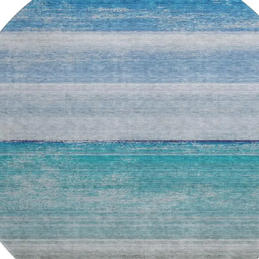 8' X 8' Sky Blue Beige And Ivory Striped Washable Round Rug With UV Protection Photo 2