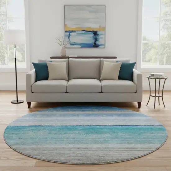 8' X 8' Sky Blue Beige And Ivory Striped Washable Round Rug With UV Protection Photo 2