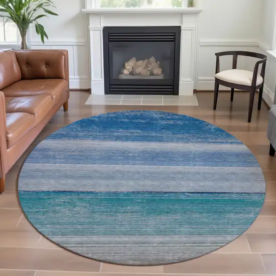 8' X 8' Sky Blue Beige And Ivory Striped Washable Round Rug With UV Protection Photo 4