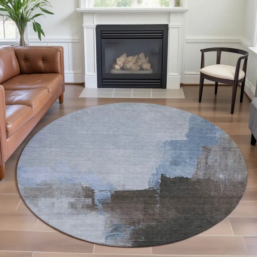8' X 8' Sky Blue Chocolate And Taupe Abstract Washable Round Rug With UV Protection Photo 4