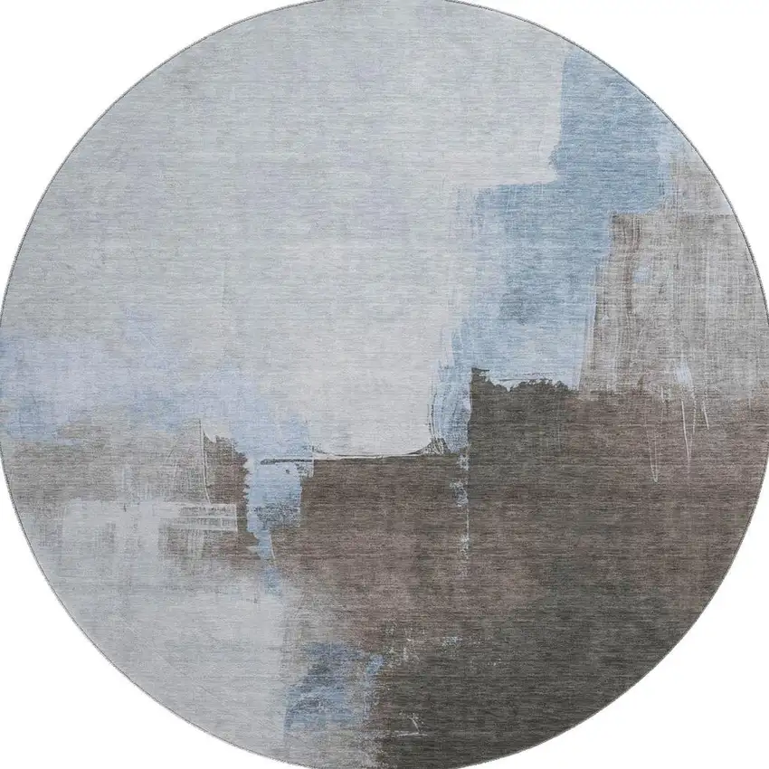 8' X 8' Sky Blue Chocolate And Taupe Abstract Washable Round Rug With UV Protection Photo 3