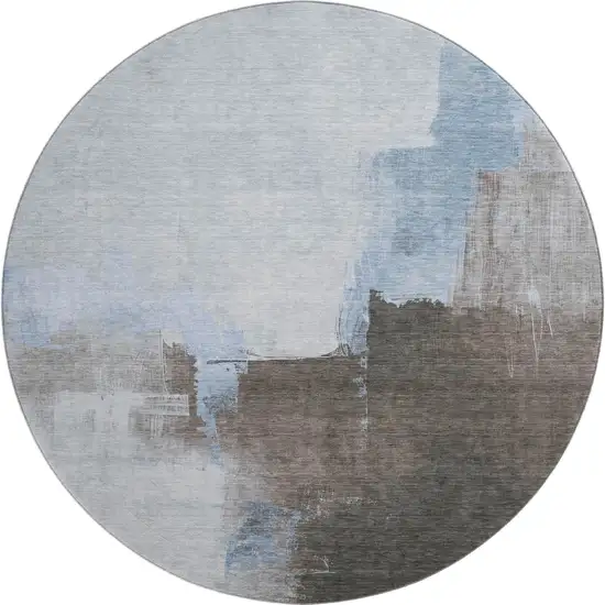 8' X 8' Sky Blue Chocolate And Taupe Abstract Washable Round Rug With UV Protection Photo 1