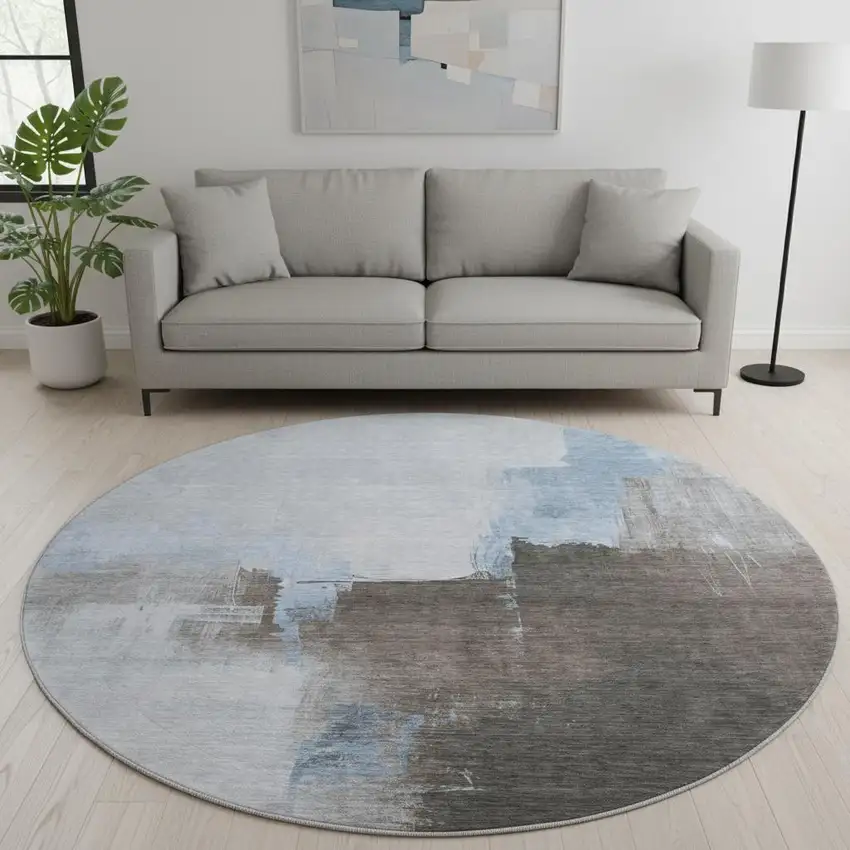 8' X 8' Sky Blue Chocolate And Taupe Abstract Washable Round Rug With UV Protection Photo 2