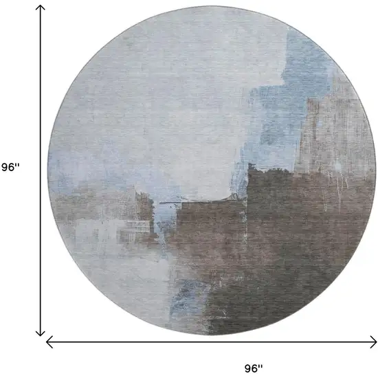 8' X 8' Sky Blue Chocolate And Taupe Abstract Washable Round Rug With UV Protection Photo 9