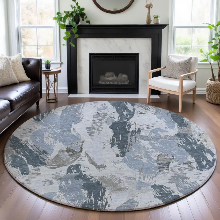 8' X 8' Sky Blue Gray And Ivory Abstract Washable Round Rug With UV Protection Photo 4