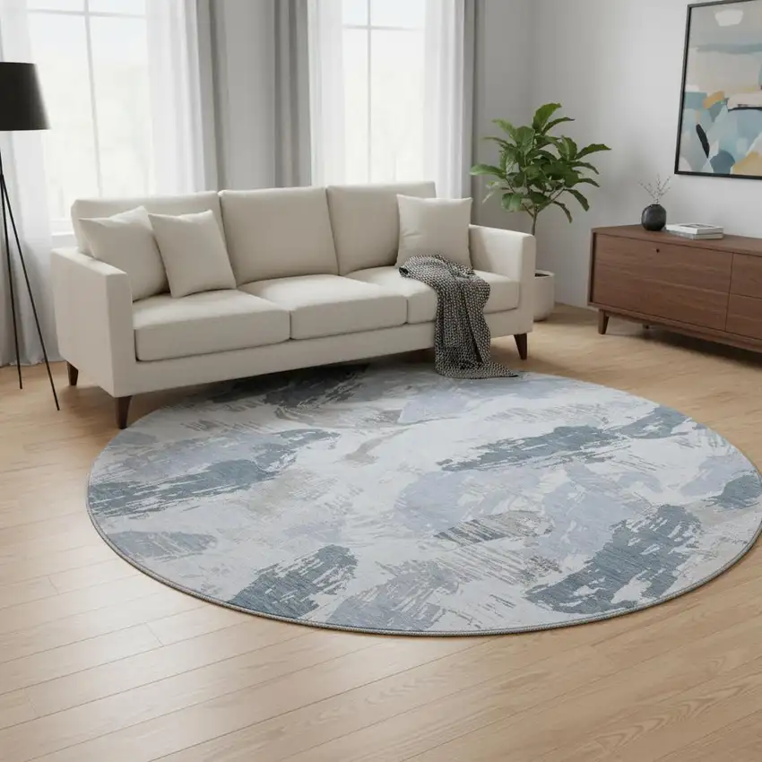 8' X 8' Sky Blue Gray And Ivory Abstract Washable Round Rug With UV Protection Photo 2