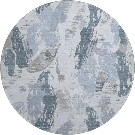 8' X 8' Sky Blue Gray And Ivory Abstract Washable Round Rug With UV Protection Photo 1