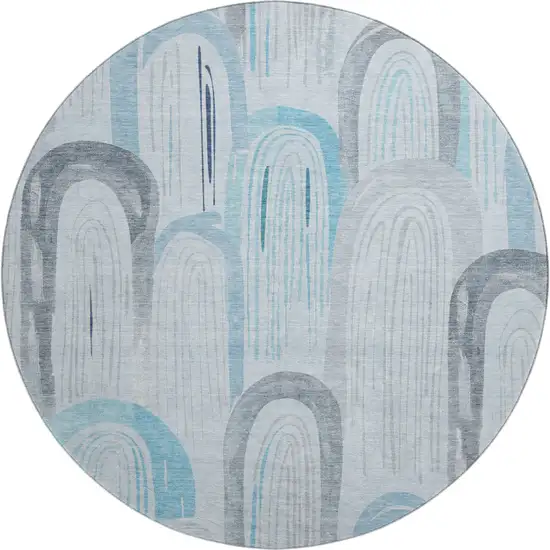 8' X 8' Sky Blue Gray And Silver Geometric Washable Round Rug With UV Protection Photo 1