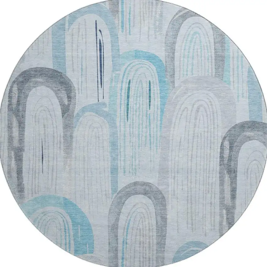 8' X 8' Sky Blue Gray And Silver Geometric Washable Round Rug With UV Protection Photo 3