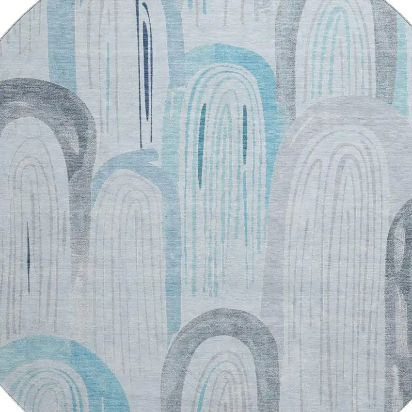 8' X 8' Sky Blue Gray And Silver Geometric Washable Round Rug With UV Protection Photo 2