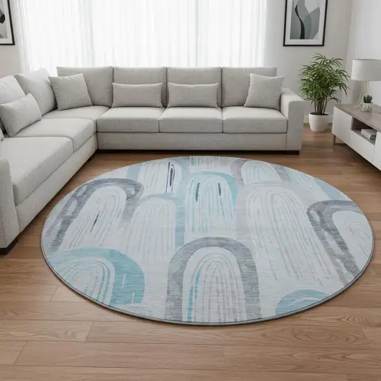 8' X 8' Sky Blue Gray And Silver Geometric Washable Round Rug With UV Protection Photo 2