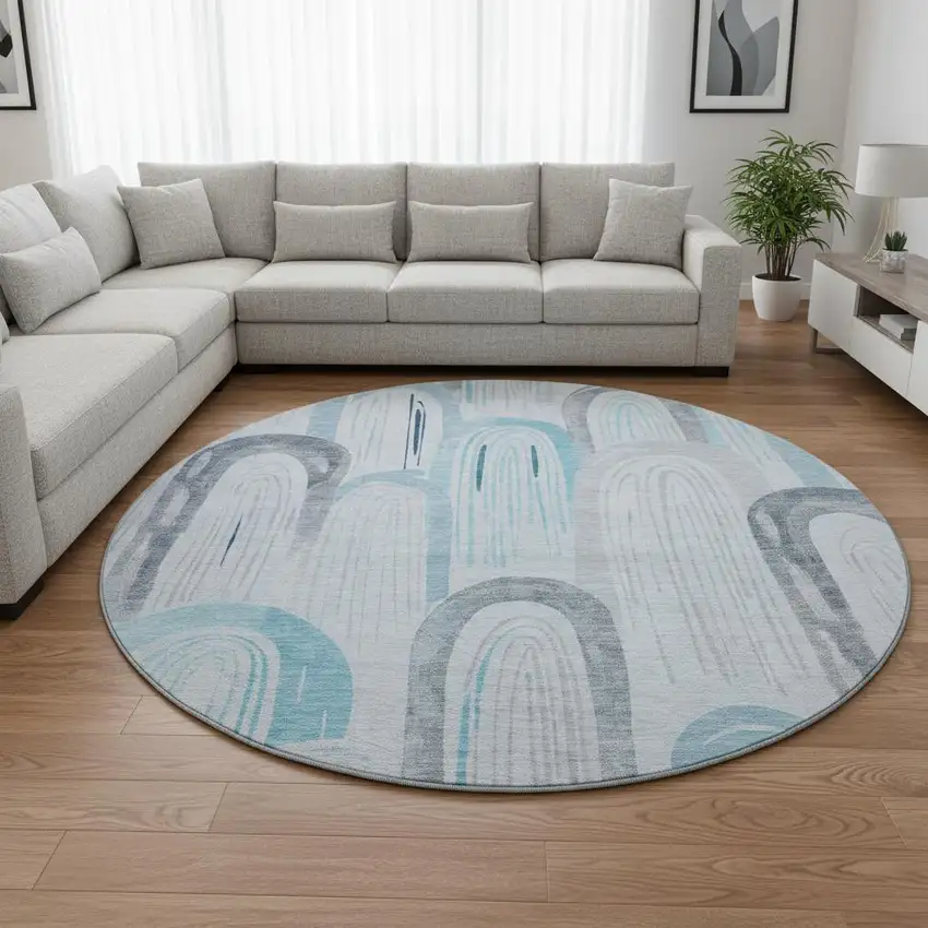 8' X 8' Sky Blue Gray And Silver Geometric Washable Round Rug With UV Protection Photo 2