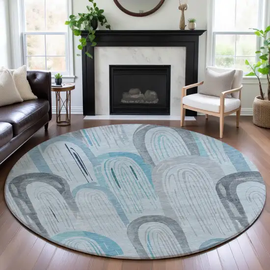 8' X 8' Sky Blue Gray And Silver Geometric Washable Round Rug With UV Protection Photo 4