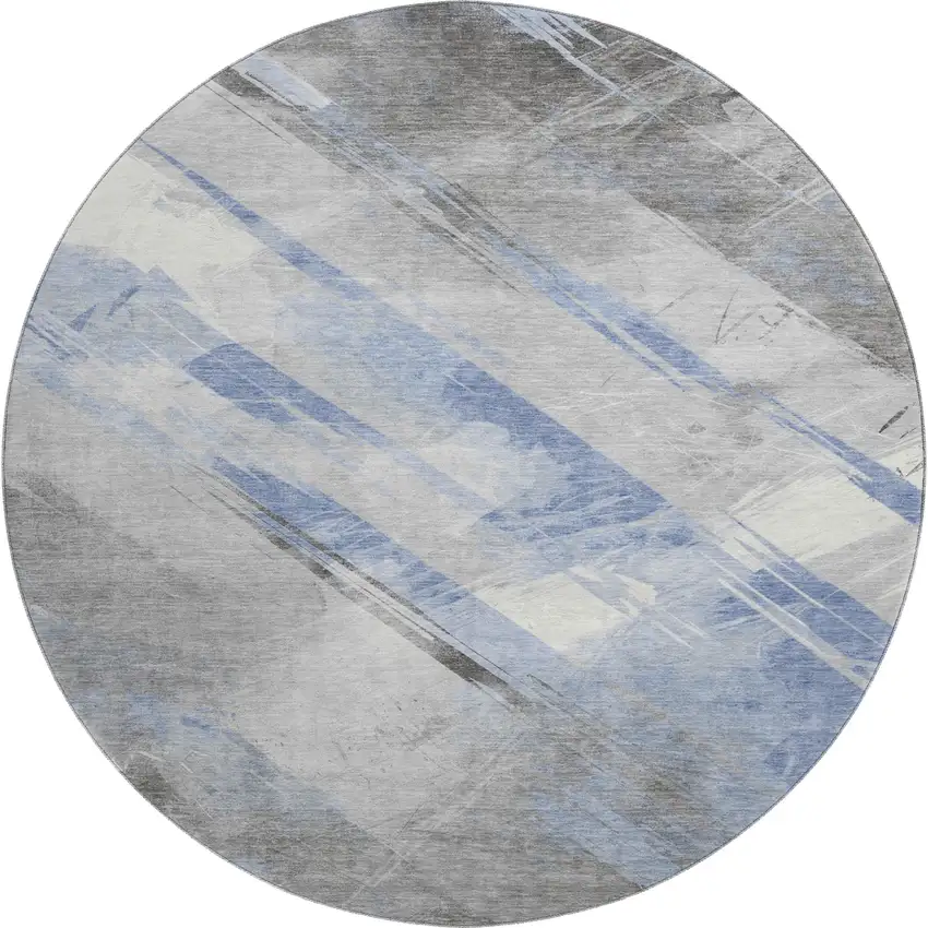 8' X 8' Sky Blue Gray And Silver Striped Washable Round Rug With UV Protection Photo 1