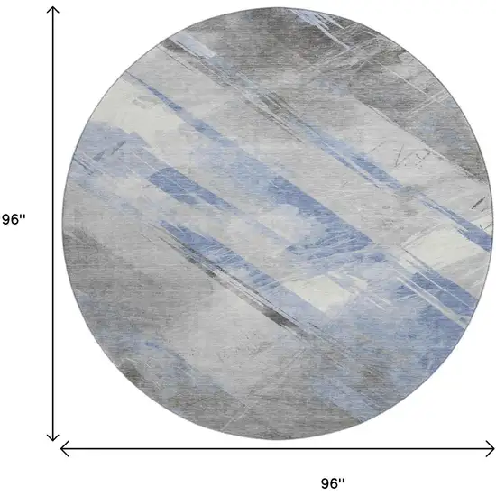 8' X 8' Sky Blue Gray And Silver Striped Washable Round Rug With UV Protection Photo 9