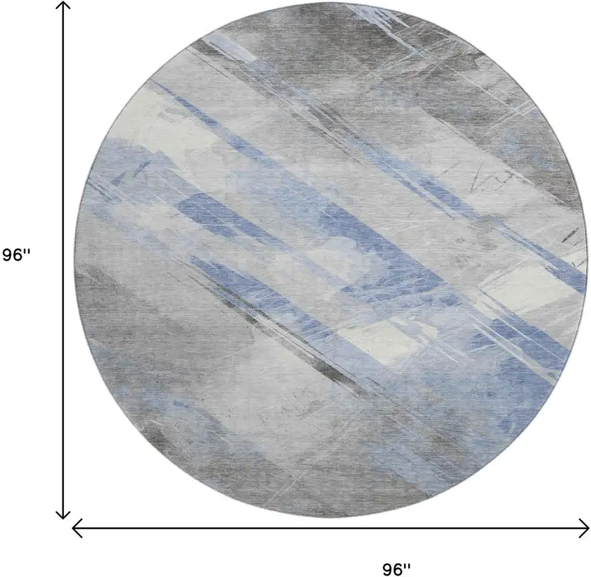 8' X 8' Sky Blue Gray And Silver Striped Washable Round Rug With UV Protection Photo 9
