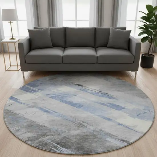 8' X 8' Sky Blue Gray And Silver Striped Washable Round Rug With UV Protection Photo 2