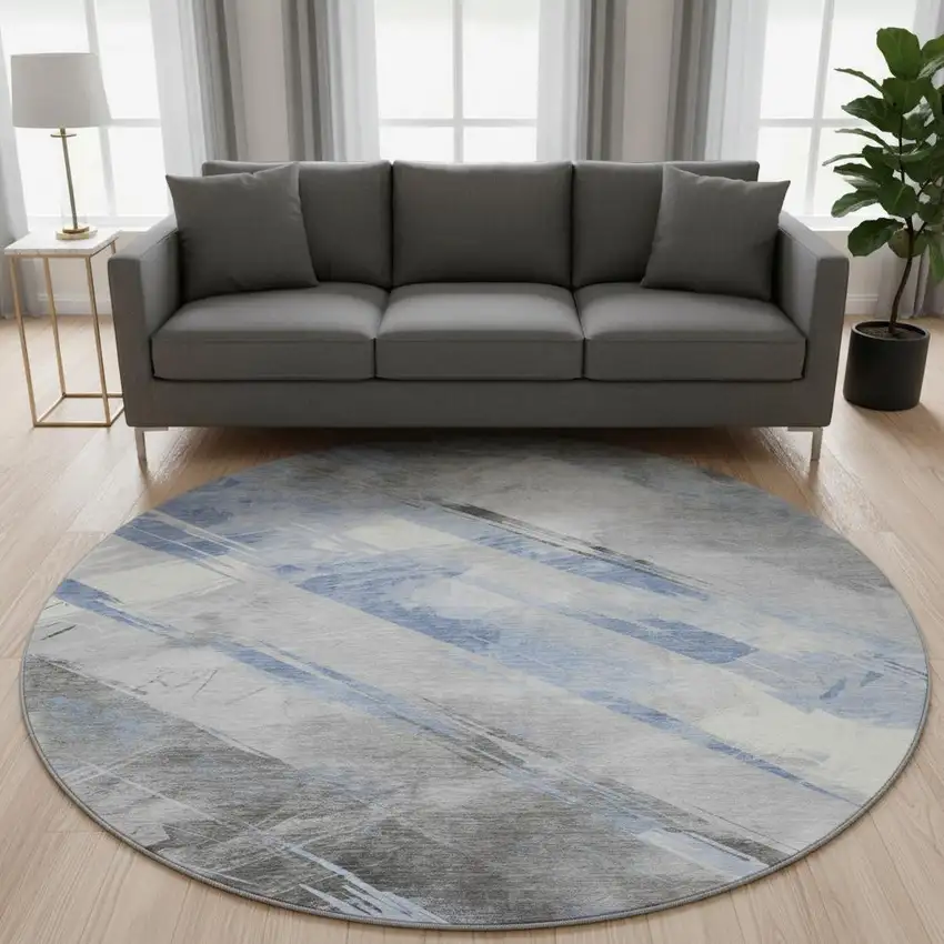 8' X 8' Sky Blue Gray And Silver Striped Washable Round Rug With UV Protection Photo 2