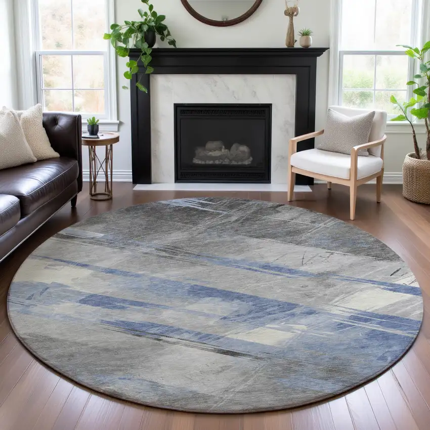 8' X 8' Sky Blue Gray And Silver Striped Washable Round Rug With UV Protection Photo 4