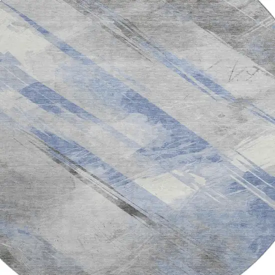 8' X 8' Sky Blue Gray And Silver Striped Washable Round Rug With UV Protection Photo 2