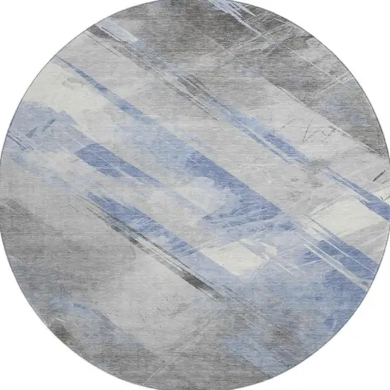 8' X 8' Sky Blue Gray And Silver Striped Washable Round Rug With UV Protection Photo 3