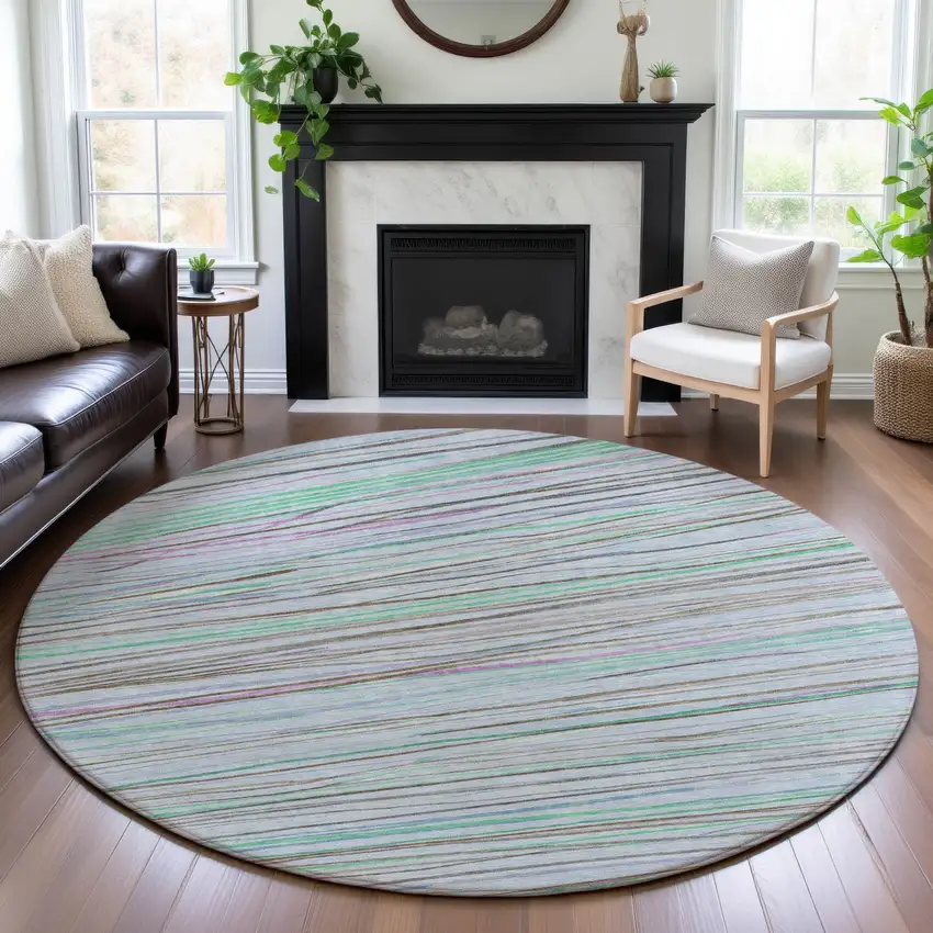8' X 8' Sky Blue Green And Purple Striped Washable Round Rug With UV Protection Photo 4
