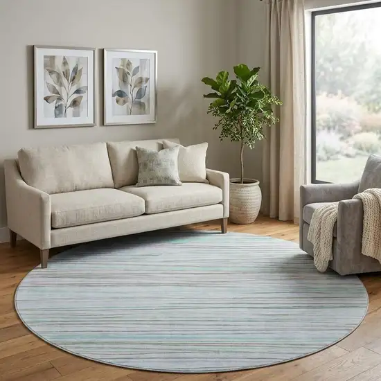 8' X 8' Sky Blue Green And Purple Striped Washable Round Rug With UV Protection Photo 1