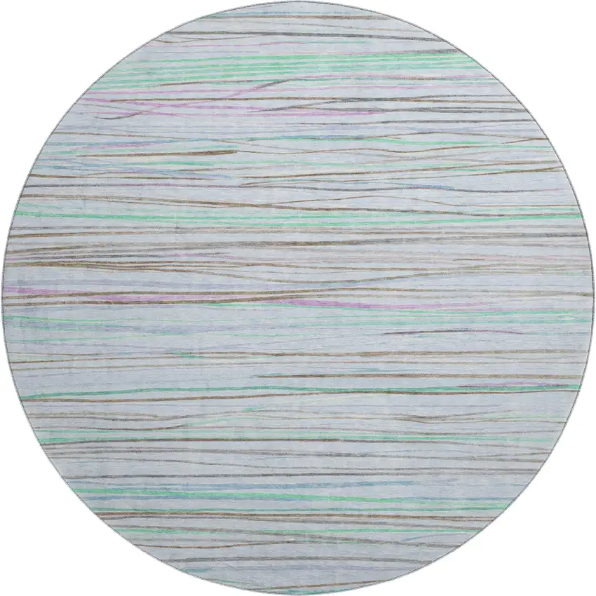 8' X 8' Sky Blue Green And Purple Striped Washable Round Rug With UV Protection Photo 1